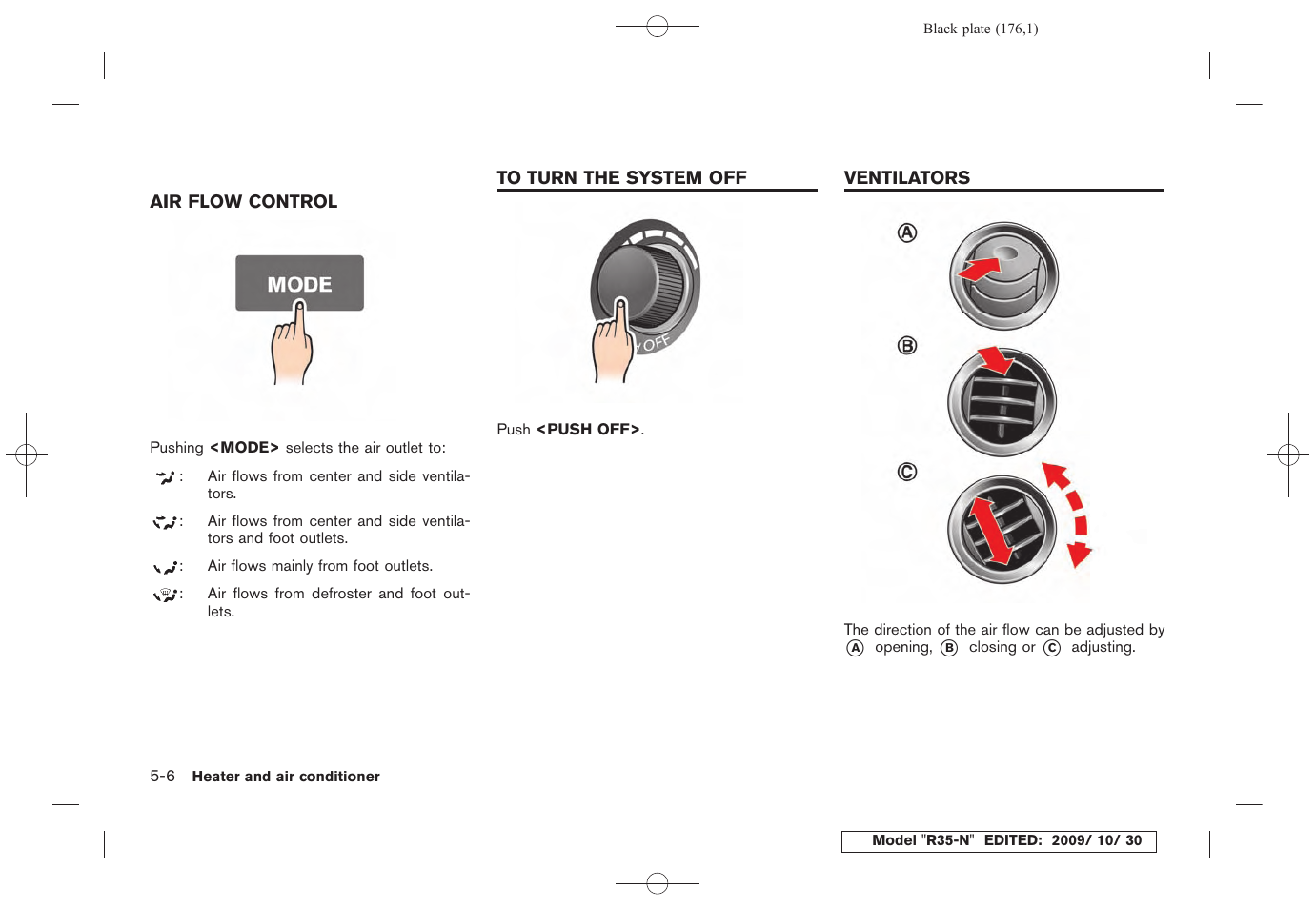 Air flow control -6, To turn the system off -6 ventilators -6 | NISSAN 2011 GT R - Multi Function Display Owner's Manual User Manual | Page 172 / 312