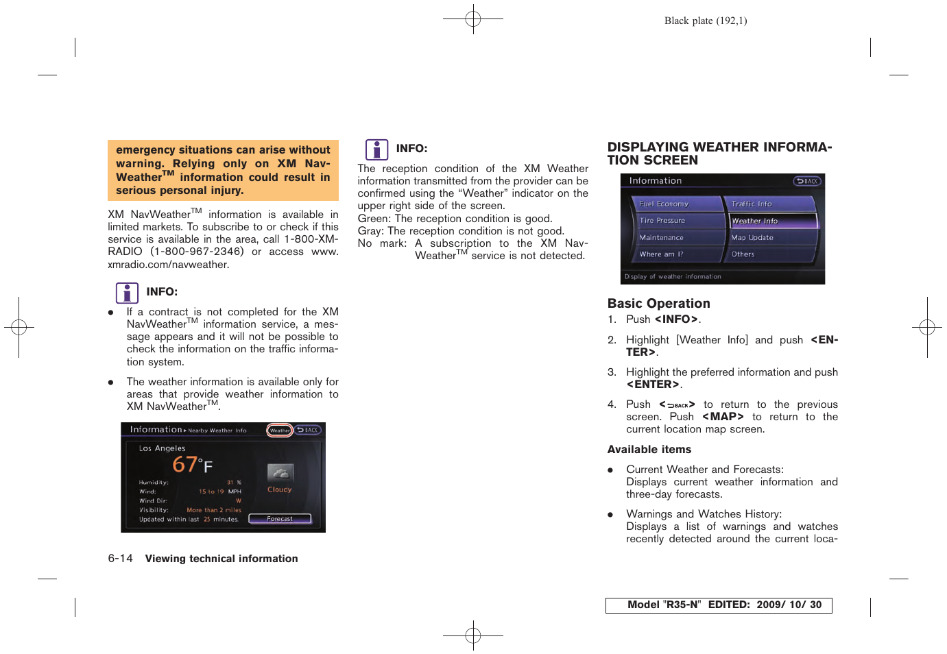 Displaying weather information screen -14 | NISSAN 2011 GT R - Multi Function Display Owner's Manual User Manual | Page 188 / 312