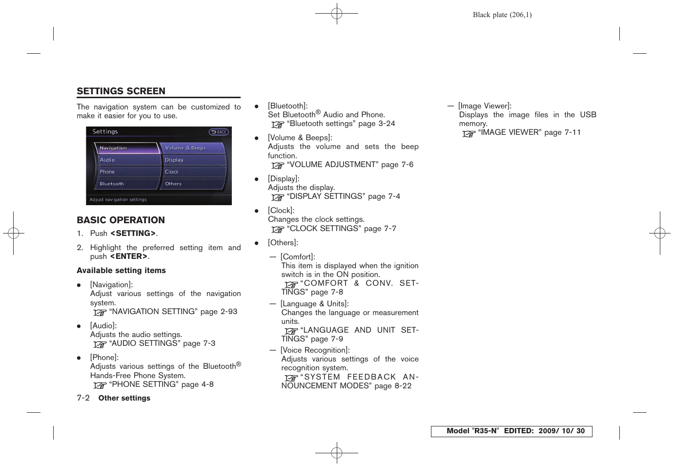 Settings screen -2, Basic operation -2 | NISSAN 2011 GT R - Multi Function Display Owner's Manual User Manual | Page 200 / 312