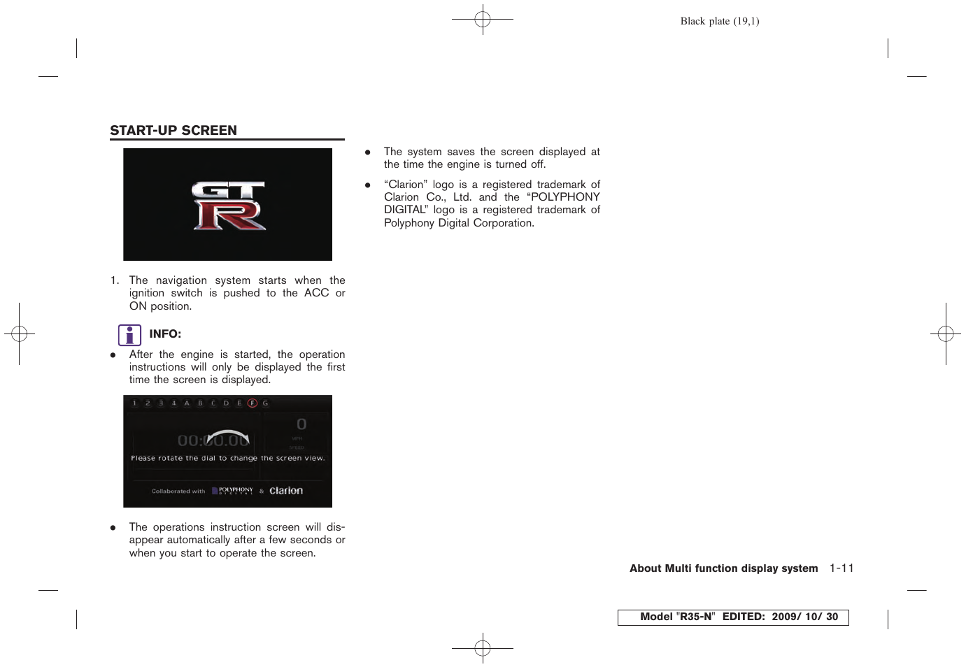 Start-up screen -11 | NISSAN 2011 GT R - Multi Function Display Owner's Manual User Manual | Page 21 / 312