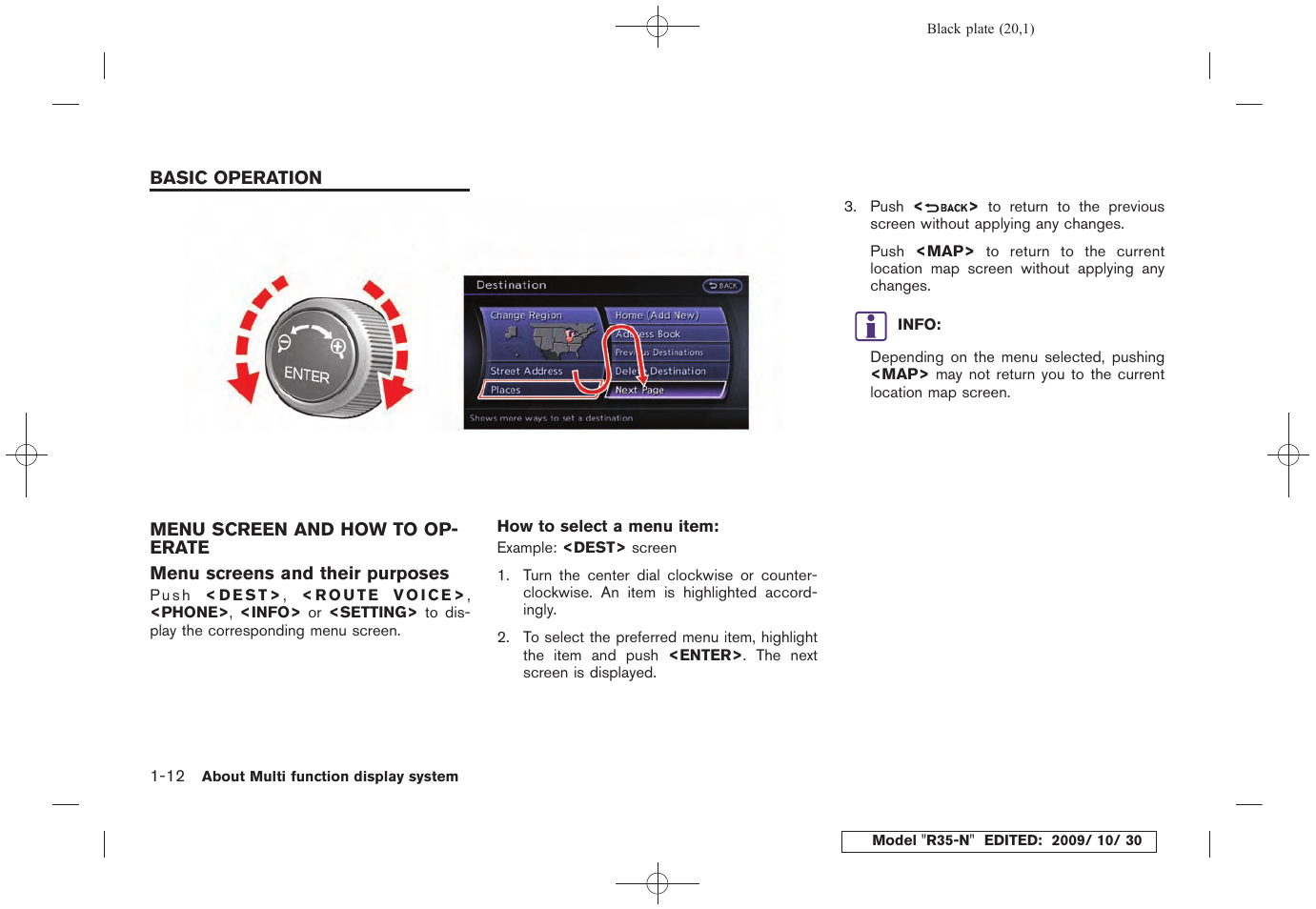 Basic operation -12, Menu screen and how to operate -12 | NISSAN 2011 GT R - Multi Function Display Owner's Manual User Manual | Page 22 / 312