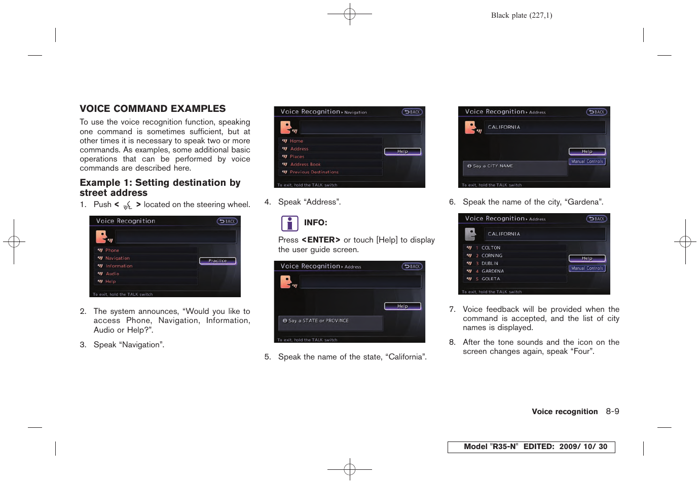 Voice command examples -9 | NISSAN 2011 GT R - Multi Function Display Owner's Manual User Manual | Page 221 / 312