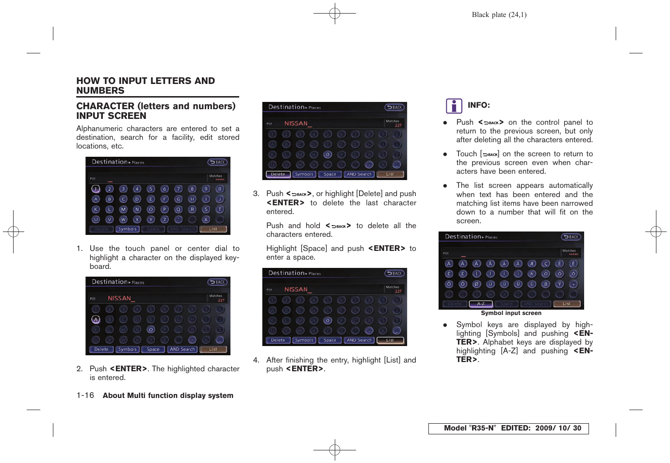 How to input letters and numbers -16, Character (letters and numbers) input screen -16 | NISSAN 2011 GT R - Multi Function Display Owner's Manual User Manual | Page 26 / 312