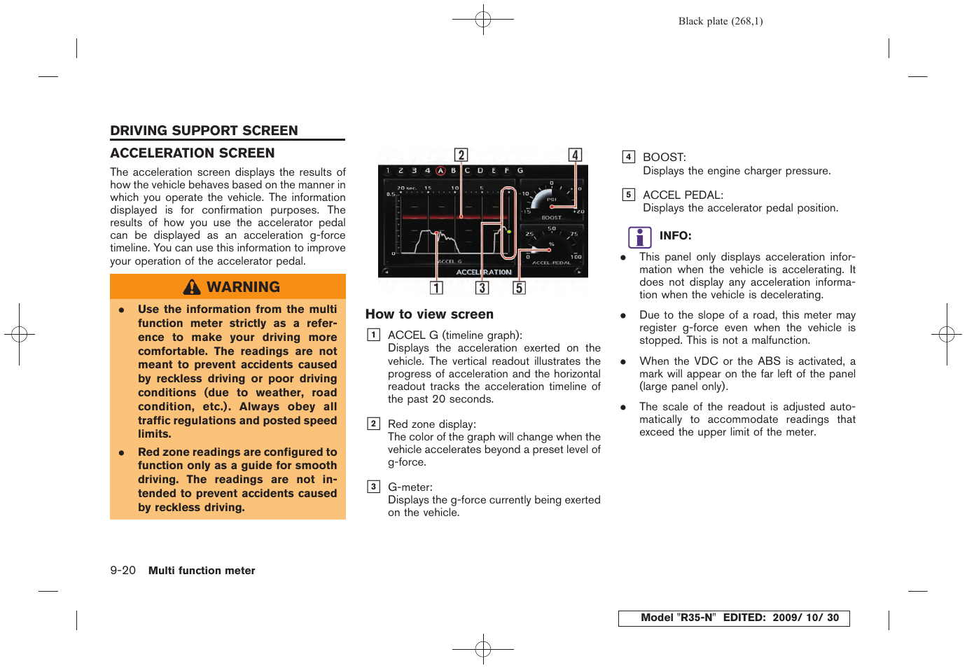 Driving support screen -20, Acceleration screen -20 | NISSAN 2011 GT R - Multi Function Display Owner's Manual User Manual | Page 262 / 312