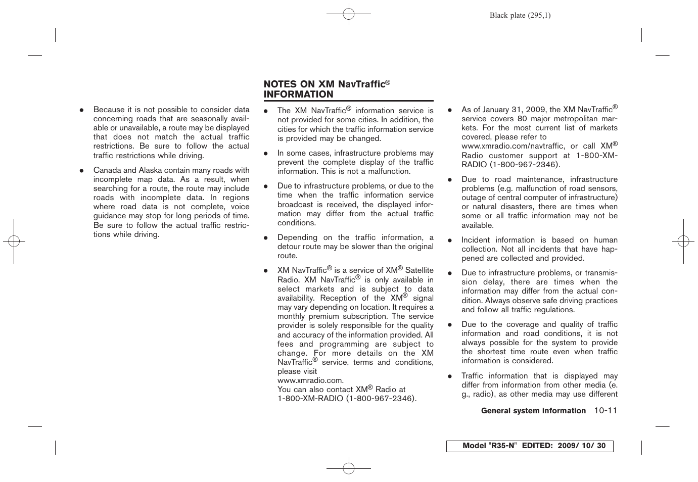 Notes on xm navtraffic® information -11 | NISSAN 2011 GT R - Multi Function Display Owner's Manual User Manual | Page 289 / 312