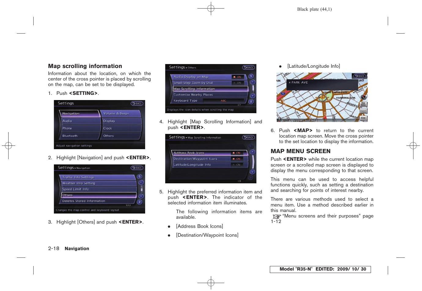 Map menu screen -18 | NISSAN 2011 GT R - Multi Function Display Owner's Manual User Manual | Page 46 / 312