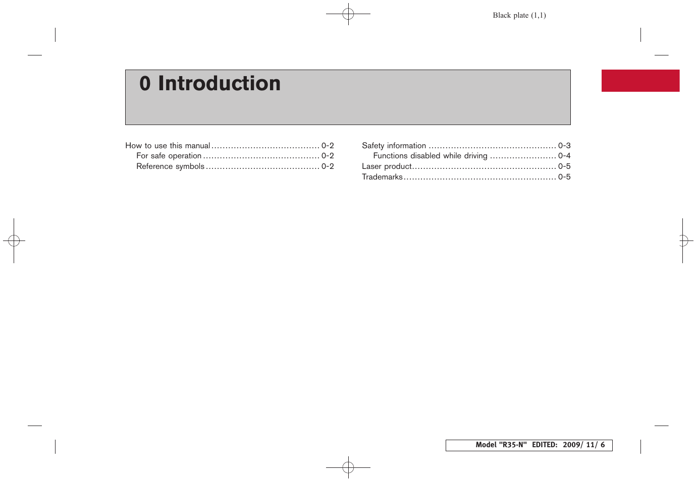 Introduction, 0 introduction | NISSAN 2011 GT R - Multi Function Display Owner's Manual User Manual | Page 5 / 312