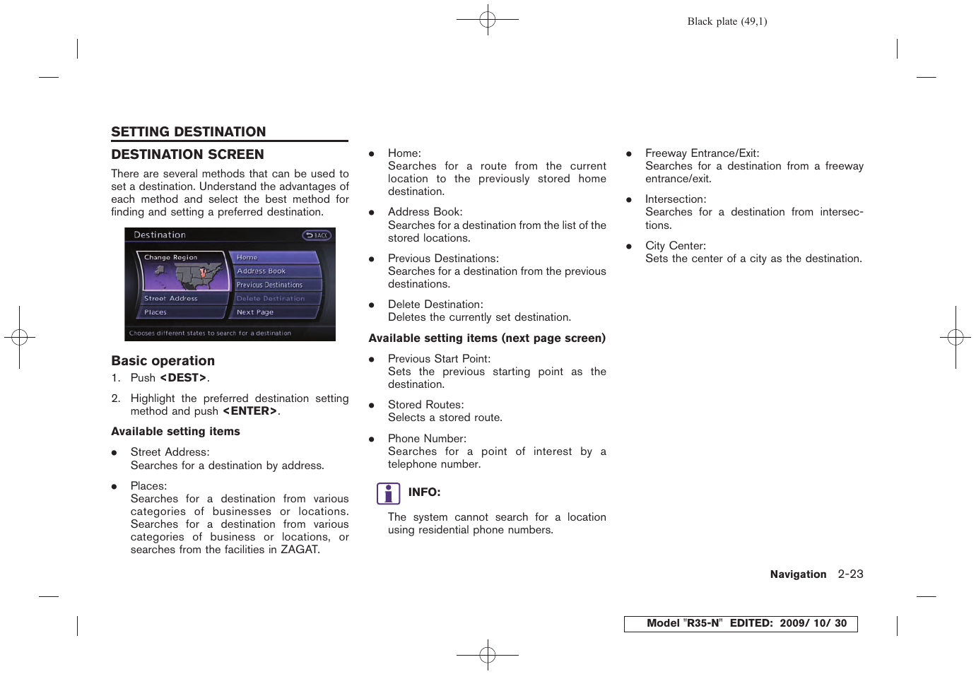Setting destination -23, Destination screen -23 | NISSAN 2011 GT R - Multi Function Display Owner's Manual User Manual | Page 51 / 312