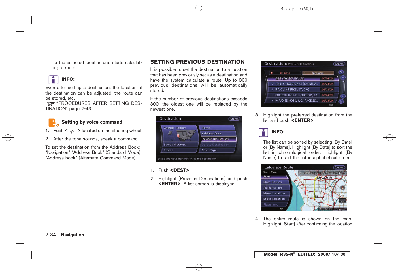 Setting previous destination -34 | NISSAN 2011 GT R - Multi Function Display Owner's Manual User Manual | Page 62 / 312