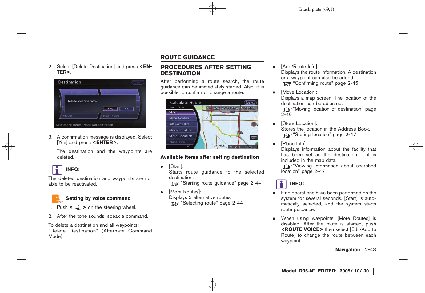Route guidance -43, Procedures after setting destination -43 | NISSAN 2011 GT R - Multi Function Display Owner's Manual User Manual | Page 71 / 312