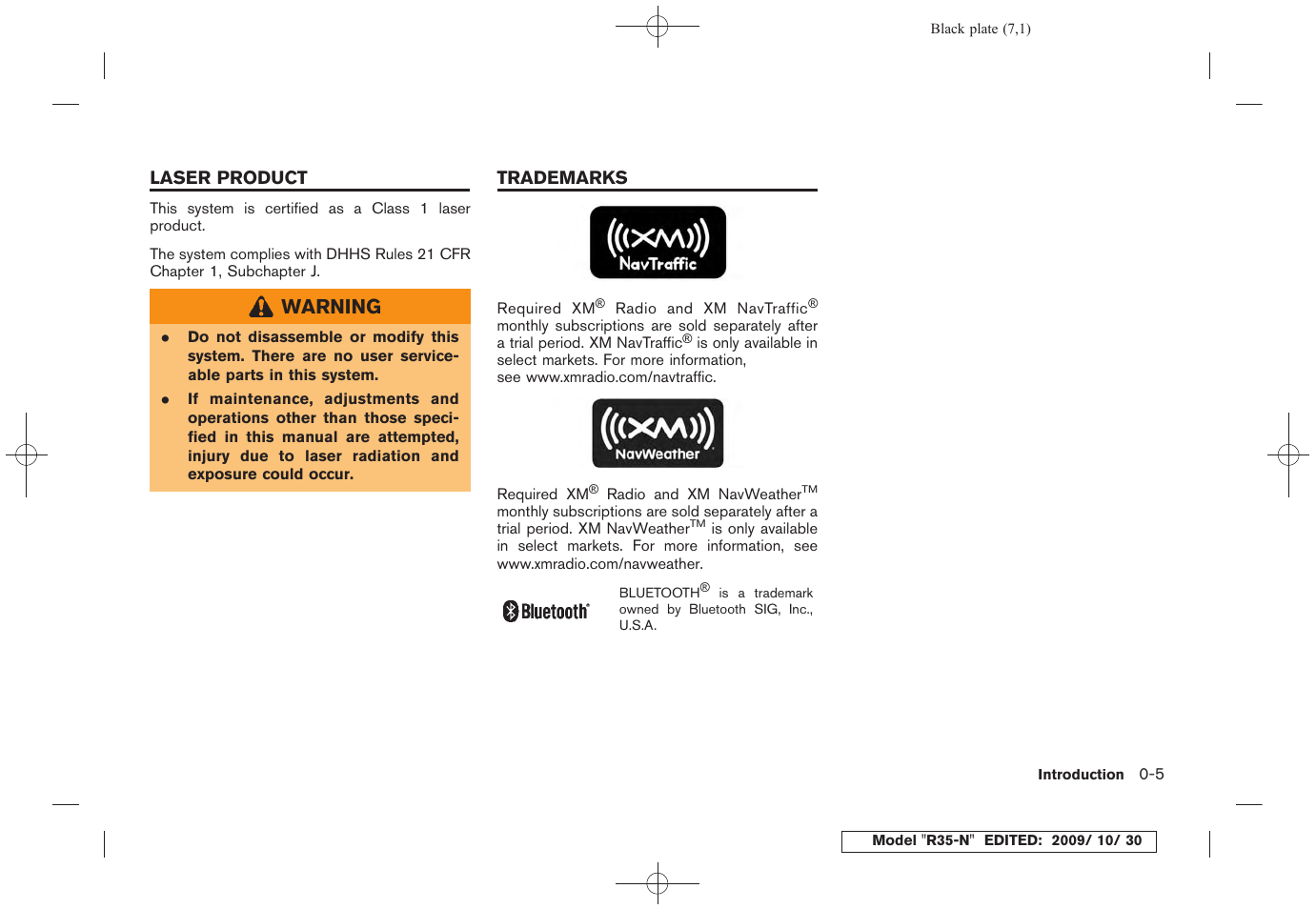 Laser product -5 trademarks -5, Warning | NISSAN 2011 GT R - Multi Function Display Owner's Manual User Manual | Page 9 / 312