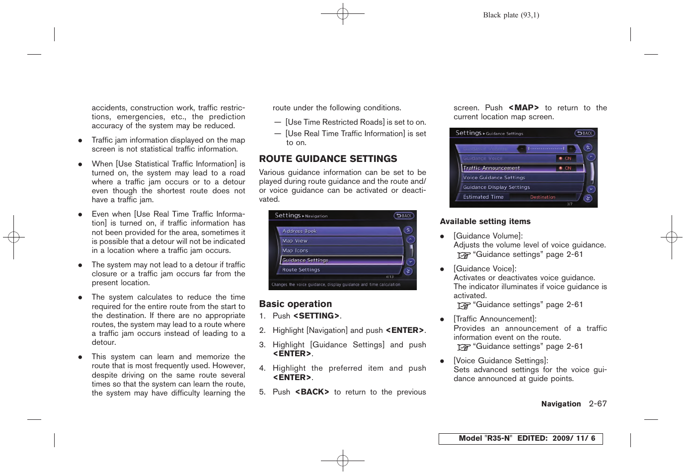 Route guidance settings -67 | NISSAN 2011 GT R - Multi Function Display Owner's Manual User Manual | Page 95 / 312