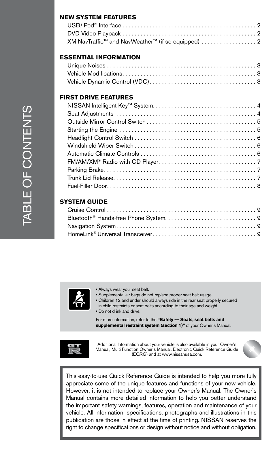 NISSAN 2011 GT R - Quick Reference Guide User Manual | Page 3 / 12