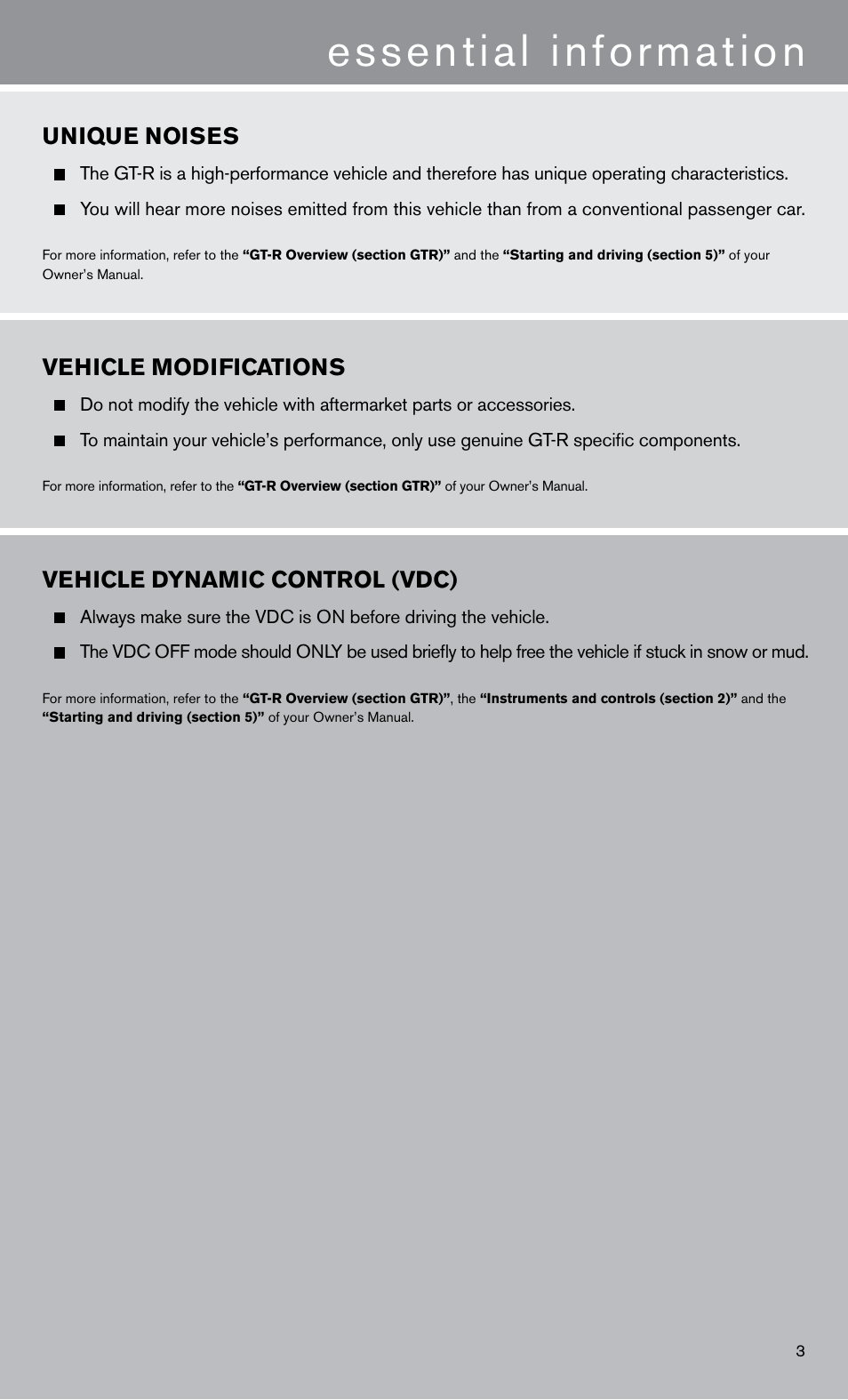 Essential information, Unique noises, Vehicle modifications | Vehicle dynamic control (vdc) | NISSAN 2011 GT R - Quick Reference Guide User Manual | Page 5 / 12