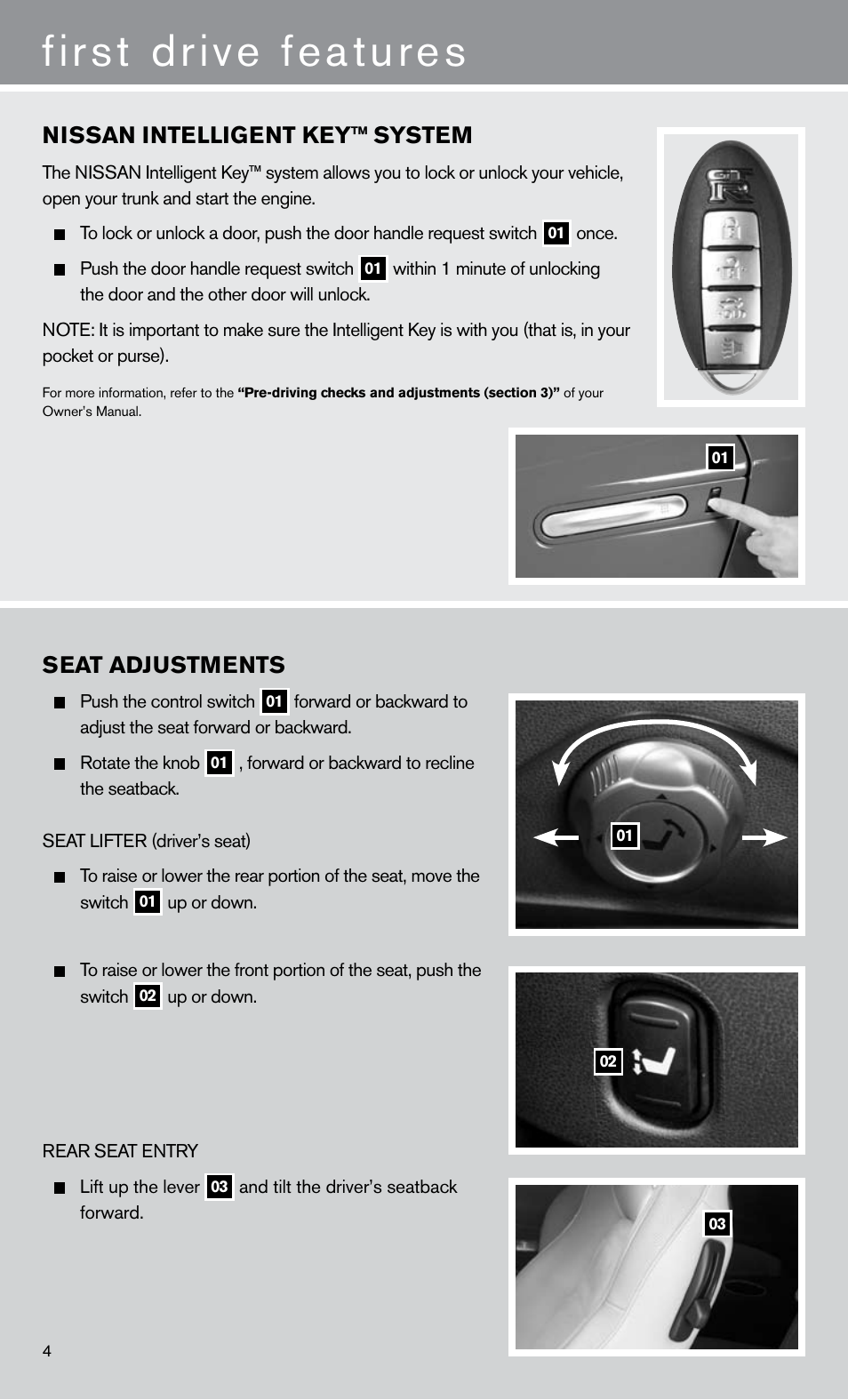 First drive features, Seat adjustments, Nissan intelligent key™ system | NISSAN 2011 GT R - Quick Reference Guide User Manual | Page 6 / 12