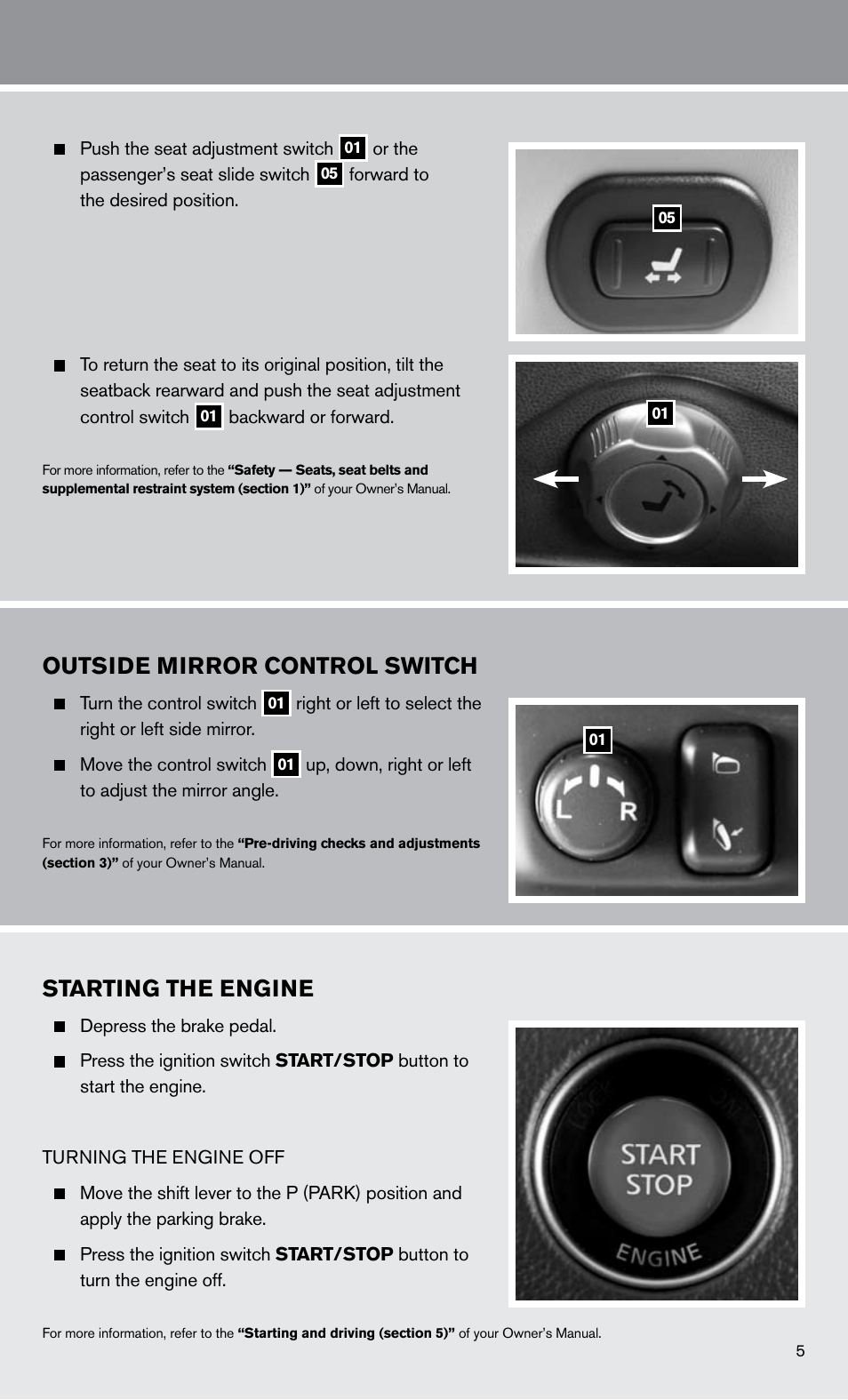 Outside mirror control switch, Starting the engine | NISSAN 2011 GT R - Quick Reference Guide User Manual | Page 7 / 12
