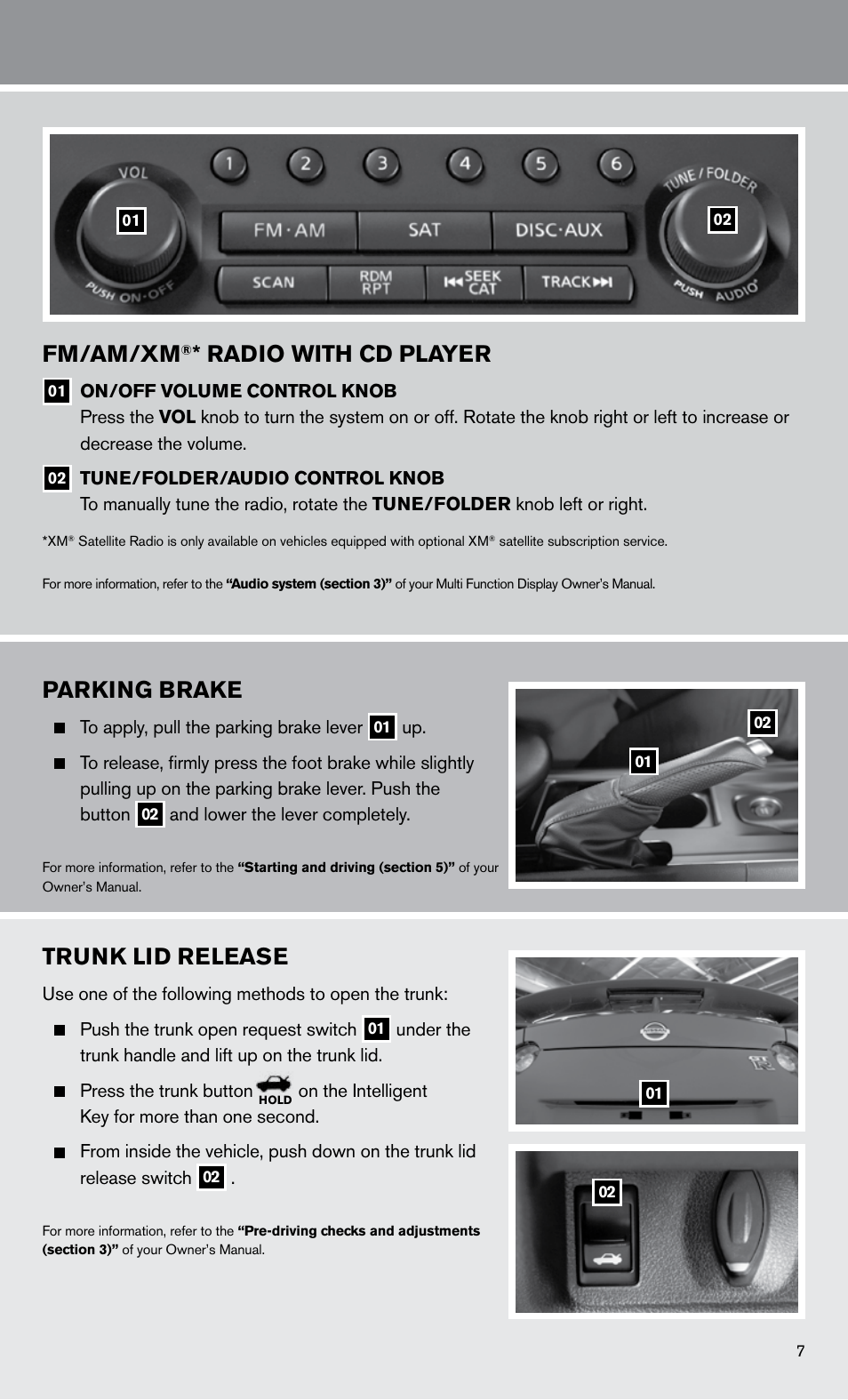 Fm/am/xm, Radio with cd player, Parking brake | Trunk lid release | NISSAN 2011 GT R - Quick Reference Guide User Manual | Page 9 / 12