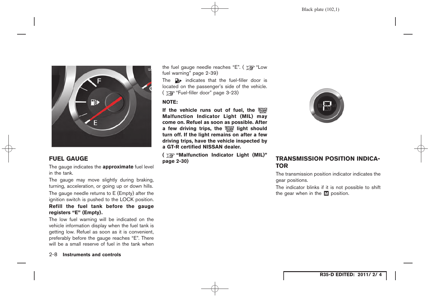 Fuel gauge -8 transmission position indicator -8 | NISSAN 2012 GT R - Owner's Manual User Manual | Page 103 / 346