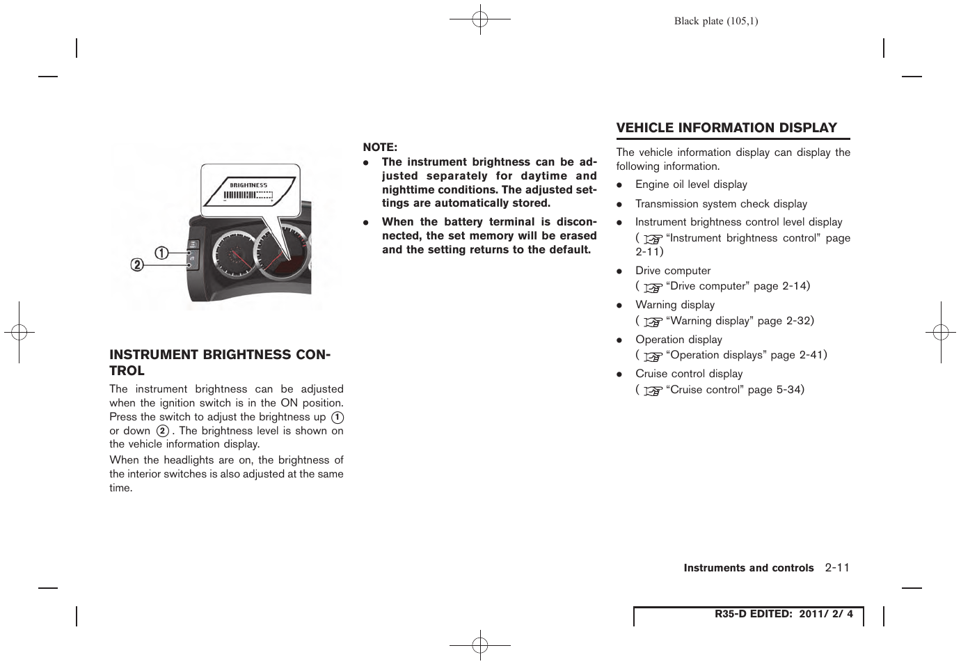 Instrument brightness control -11, Vehicle information display -11 | NISSAN 2012 GT R - Owner's Manual User Manual | Page 106 / 346