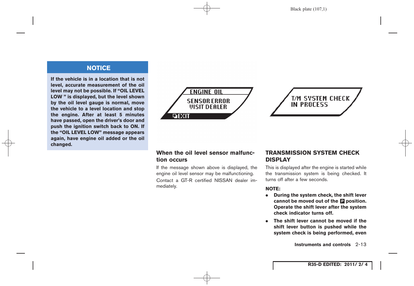 Transmission system check display -13 | NISSAN 2012 GT R - Owner's Manual User Manual | Page 108 / 346