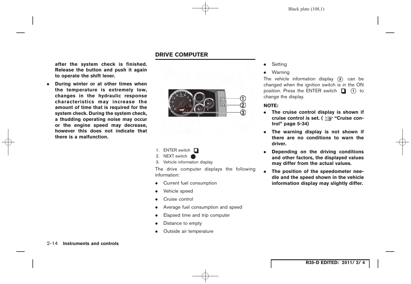 Drive computer -14 | NISSAN 2012 GT R - Owner's Manual User Manual | Page 109 / 346