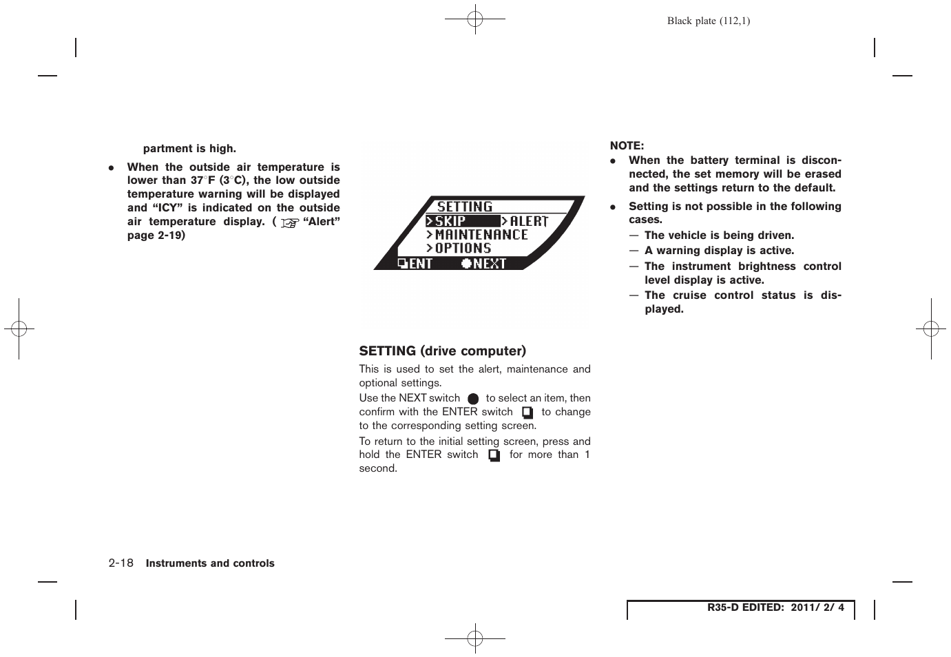Setting (drive computer) -18 | NISSAN 2012 GT R - Owner's Manual User Manual | Page 113 / 346
