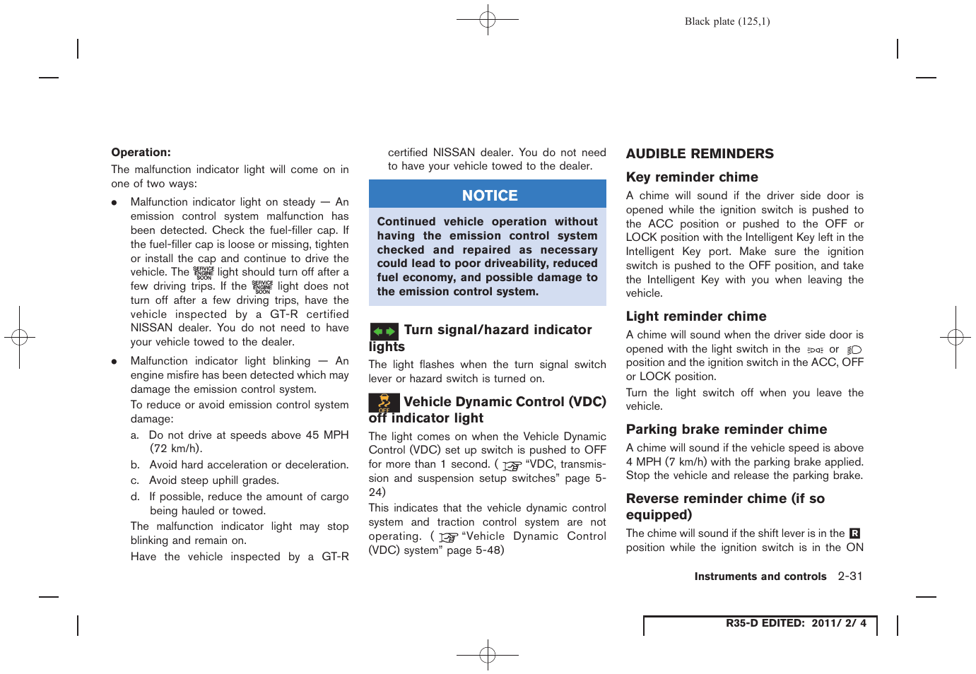 Audible reminders -31 | NISSAN 2012 GT R - Owner's Manual User Manual | Page 126 / 346