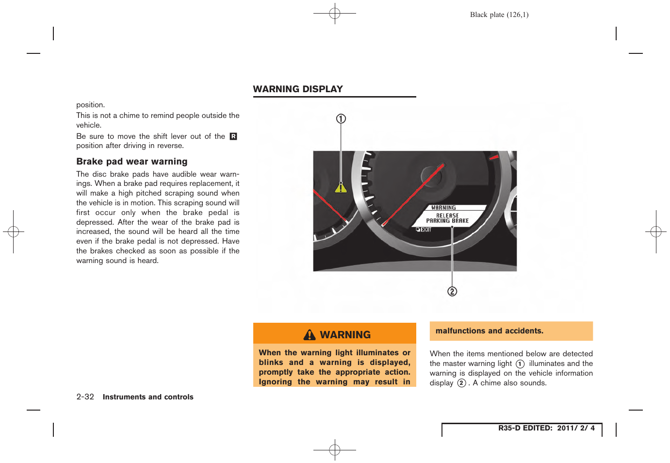 Warning display -32 | NISSAN 2012 GT R - Owner's Manual User Manual | Page 127 / 346