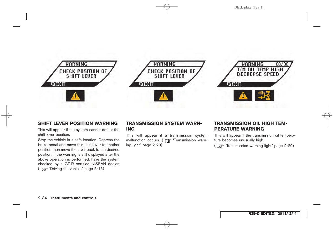 NISSAN 2012 GT R - Owner's Manual User Manual | Page 129 / 346
