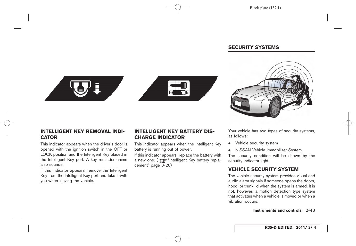 Security systems -43, Vehicle security system -43 | NISSAN 2012 GT R - Owner's Manual User Manual | Page 138 / 346