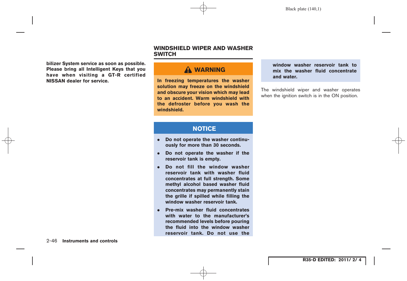 Windshield wiper and washer switch -46 | NISSAN 2012 GT R - Owner's Manual User Manual | Page 141 / 346