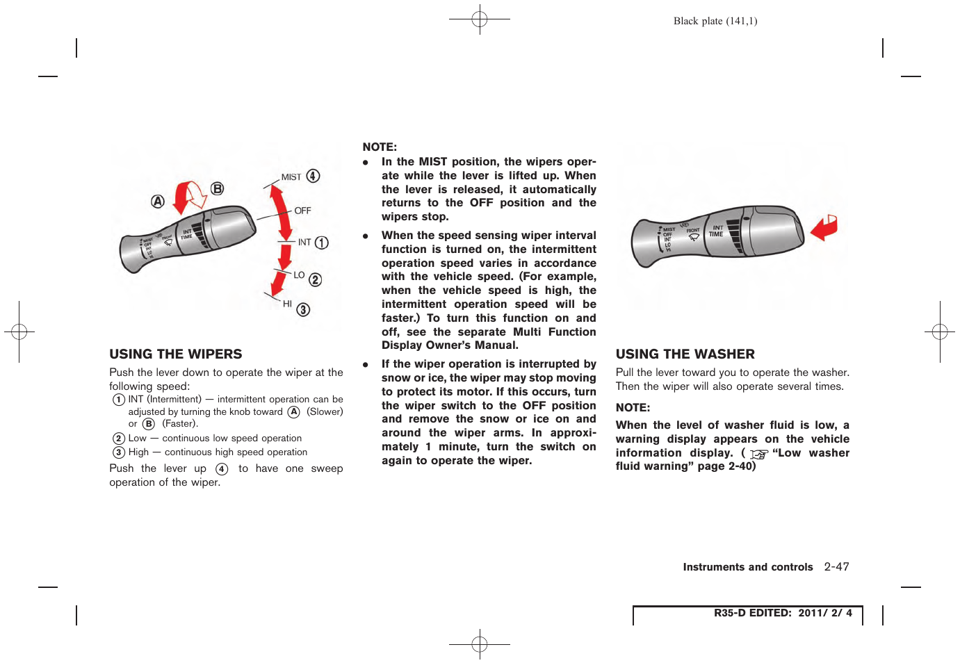 Using the wipers -47 using the washer -47 | NISSAN 2012 GT R - Owner's Manual User Manual | Page 142 / 346
