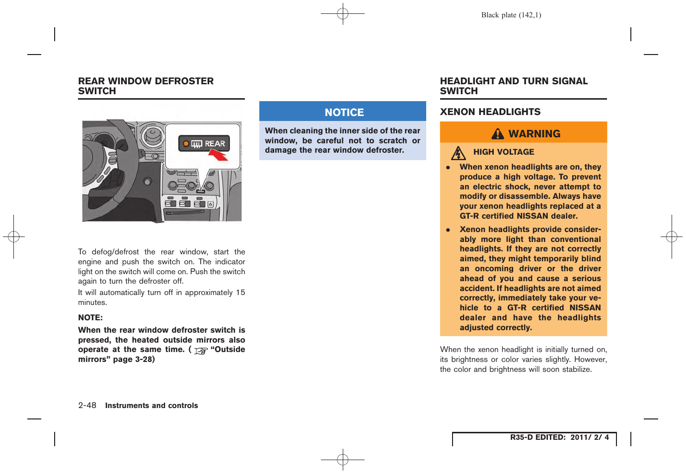 Xenon headlights -48 | NISSAN 2012 GT R - Owner's Manual User Manual | Page 143 / 346
