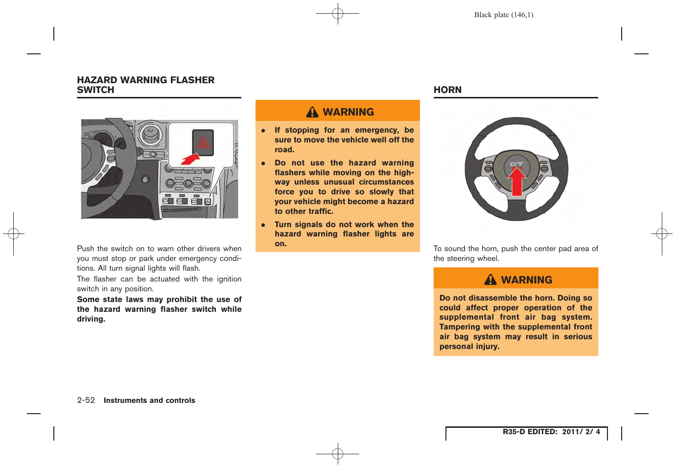 Hazard warning flasher switch -52 horn -52 | NISSAN 2012 GT R - Owner's Manual User Manual | Page 147 / 346