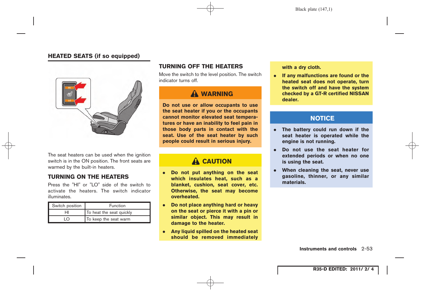 Heated seats (if so equipped) -53 | NISSAN 2012 GT R - Owner's Manual User Manual | Page 148 / 346