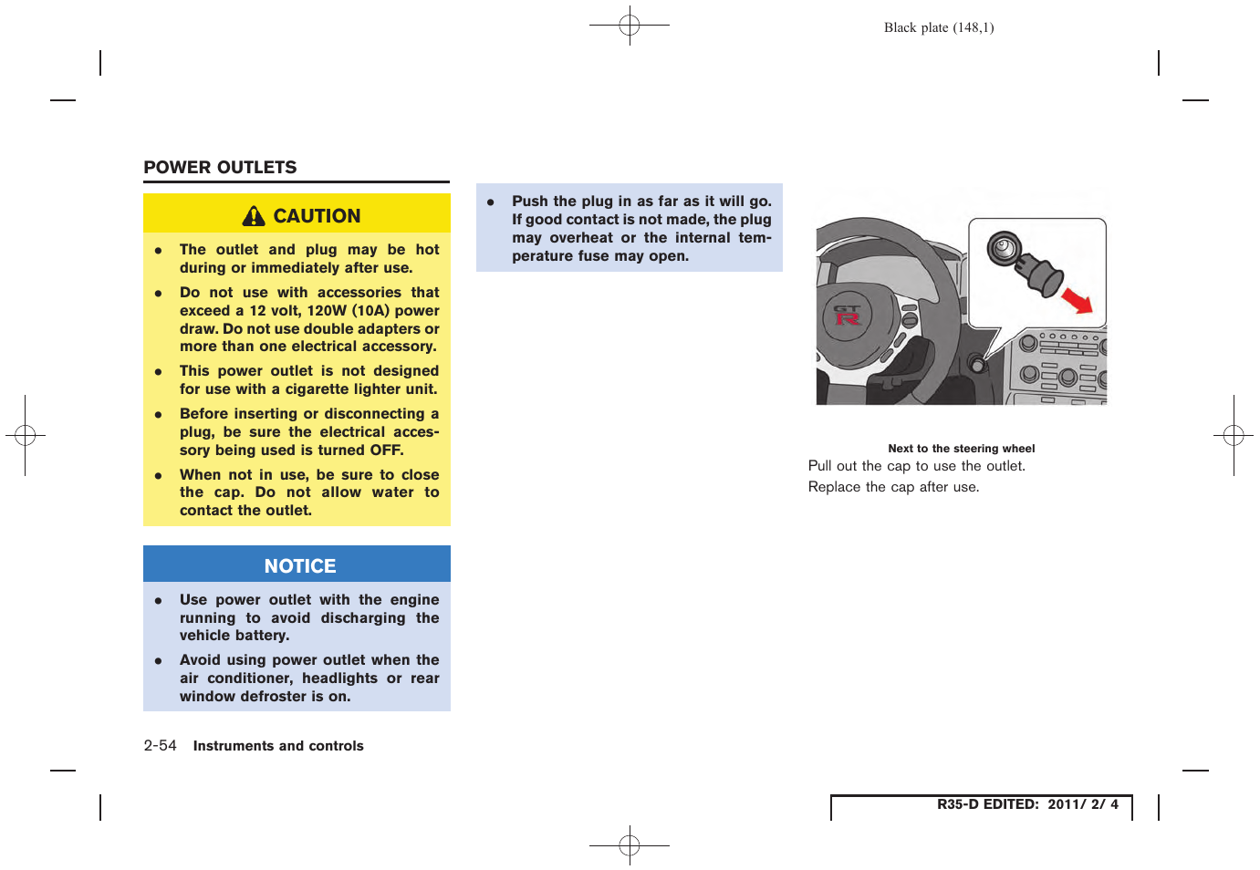 Power outlets -54 | NISSAN 2012 GT R - Owner's Manual User Manual | Page 149 / 346