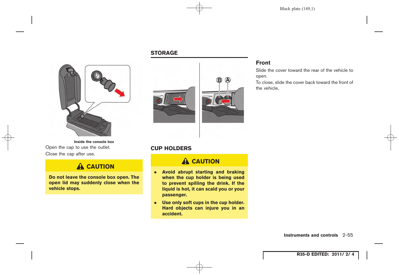 Storage -55, Cup holders -55 | NISSAN 2012 GT R - Owner's Manual User Manual | Page 150 / 346