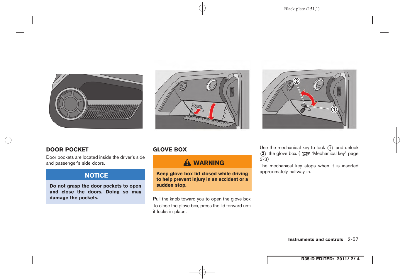Door pocket -57 glove box -57 | NISSAN 2012 GT R - Owner's Manual User Manual | Page 152 / 346