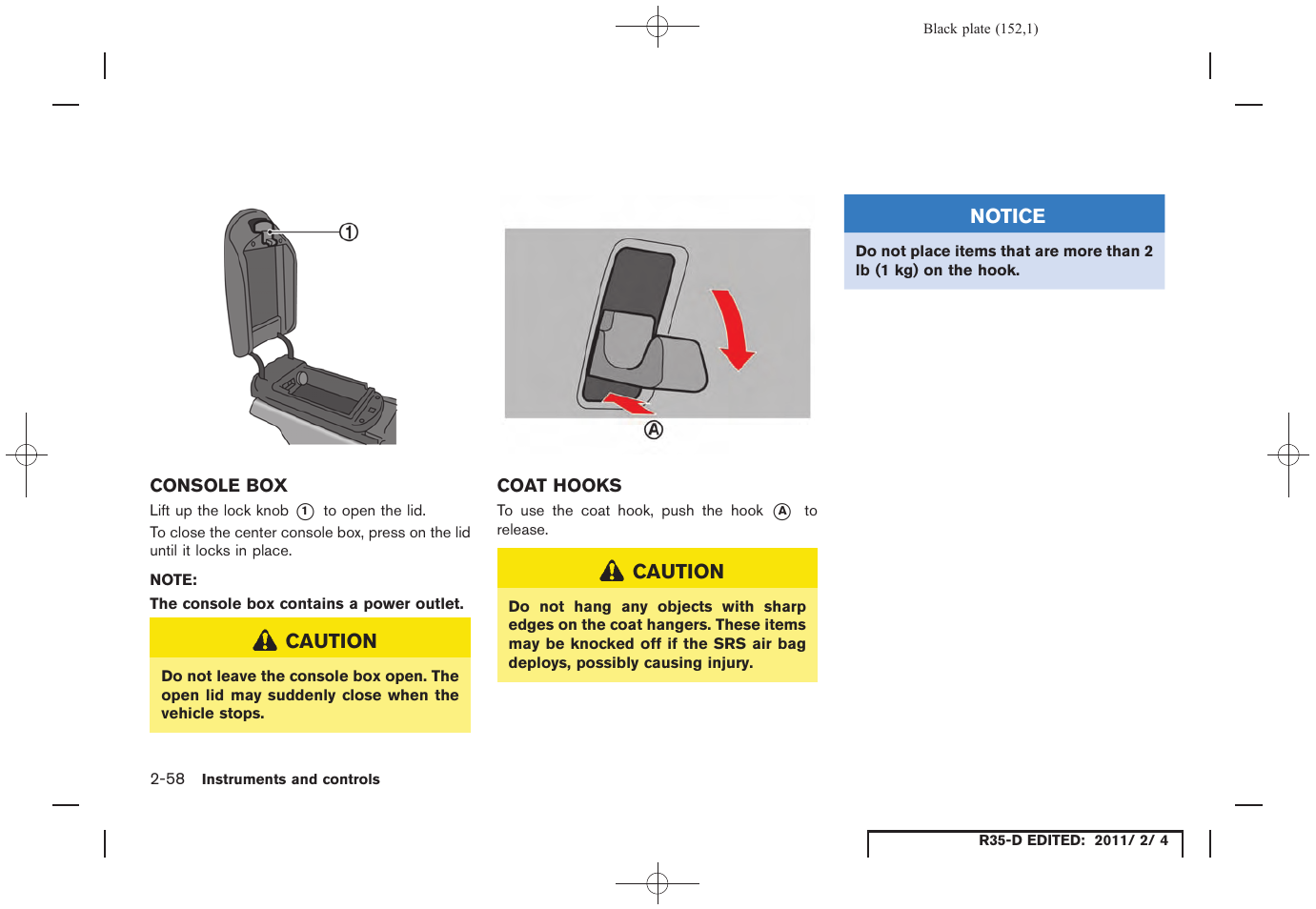 Console box -58 coat hooks -58 | NISSAN 2012 GT R - Owner's Manual User Manual | Page 153 / 346