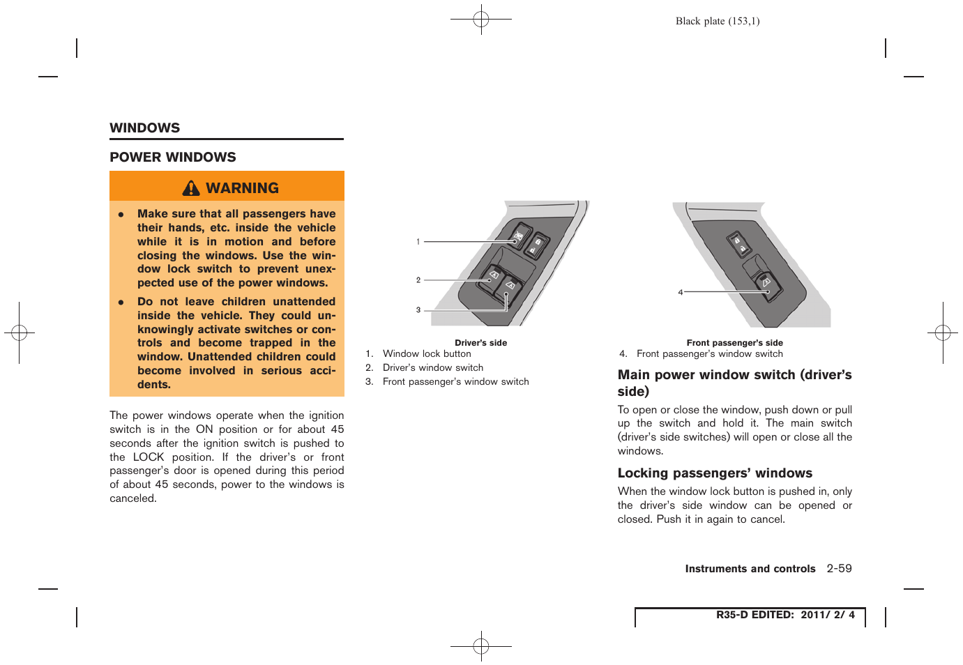 Windows -59, Power windows -59 | NISSAN 2012 GT R - Owner's Manual User Manual | Page 154 / 346