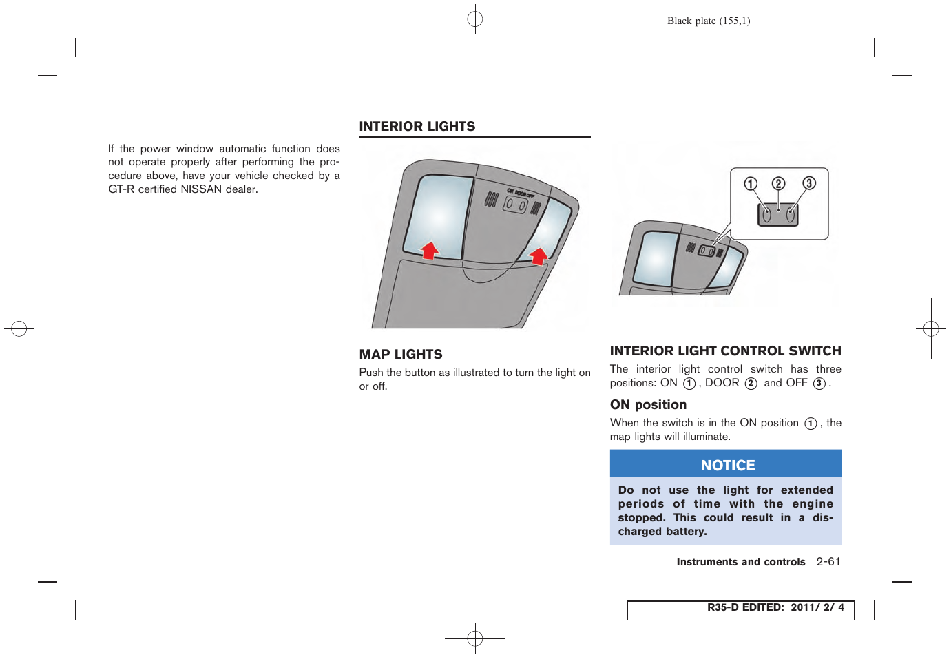 Indicator lights -61, Interior lights -61, Map lights -61 interior light control switch -61 | NISSAN 2012 GT R - Owner's Manual User Manual | Page 156 / 346