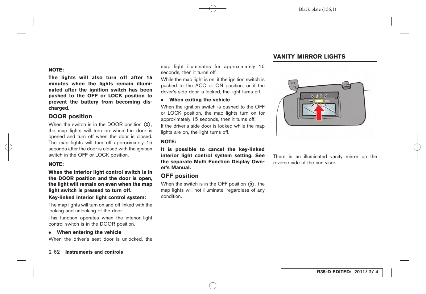 Vanity mirror lights -62 | NISSAN 2012 GT R - Owner's Manual User Manual | Page 157 / 346