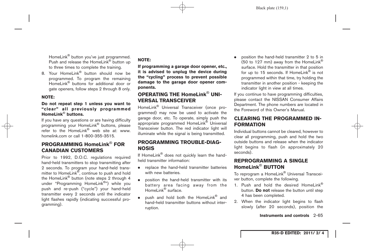 Programming homelink, Canadian customers -65 operating the homelink, Universal transceiver -65 | Button -65 | NISSAN 2012 GT R - Owner's Manual User Manual | Page 160 / 346