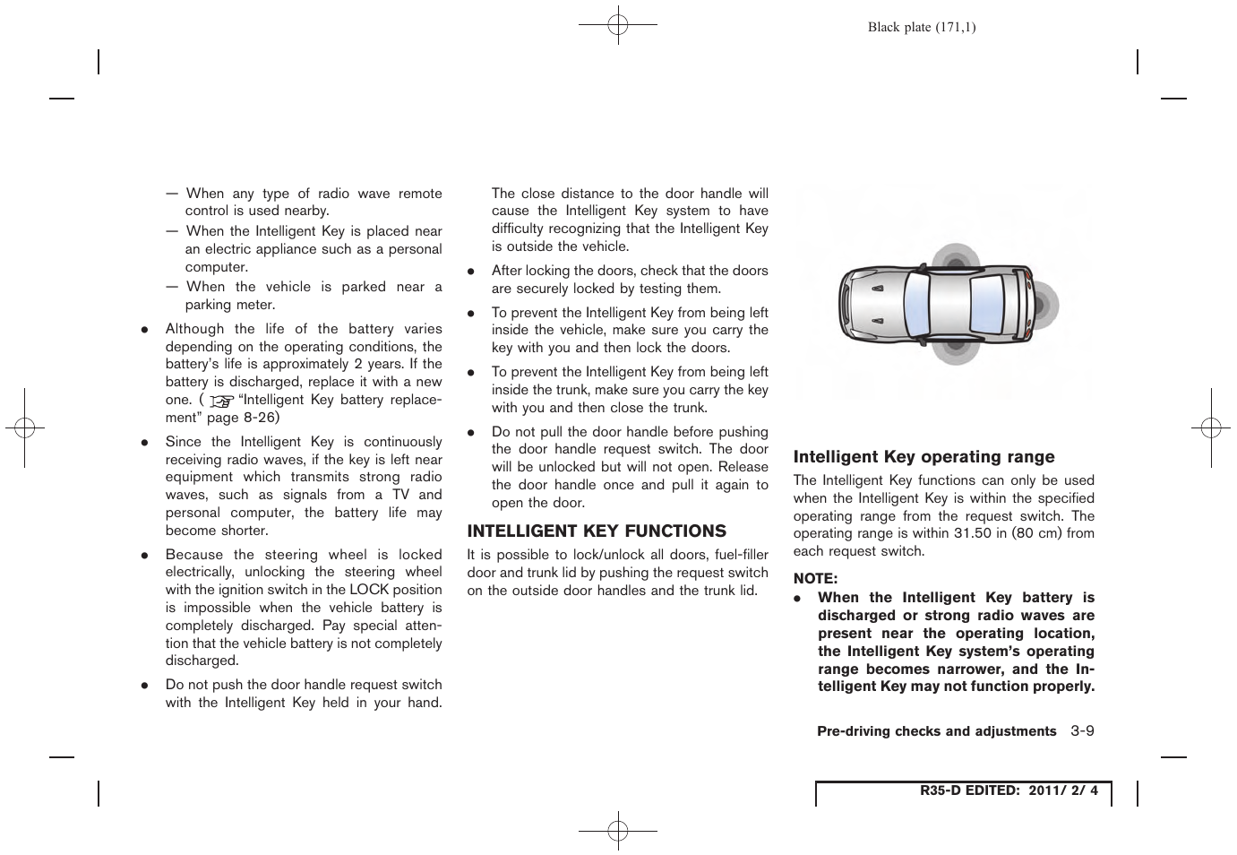Intelligent key functions -9 | NISSAN 2012 GT R - Owner's Manual User Manual | Page 170 / 346