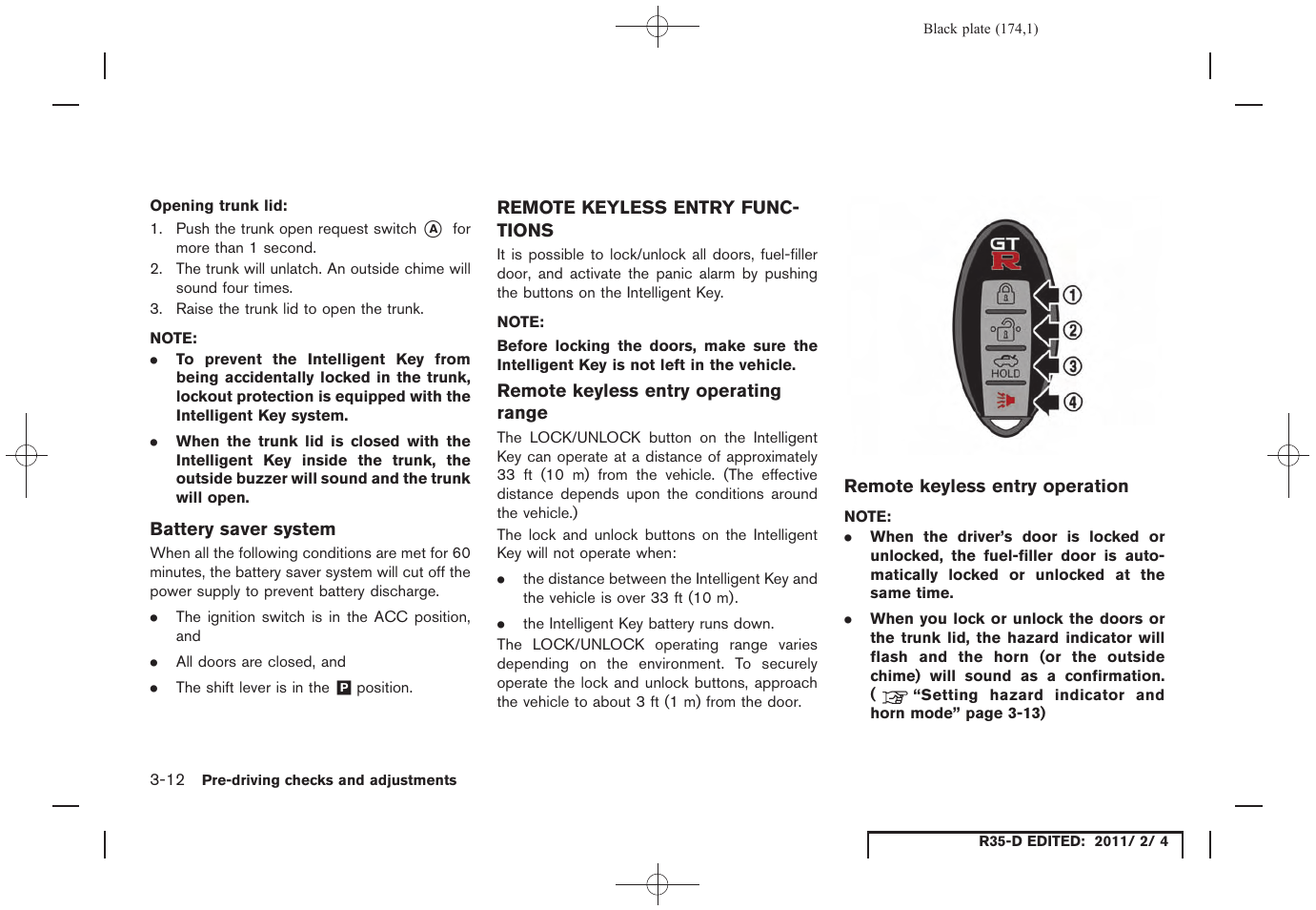 Remote keyless entry functions -12 | NISSAN 2012 GT R - Owner's Manual User Manual | Page 173 / 346
