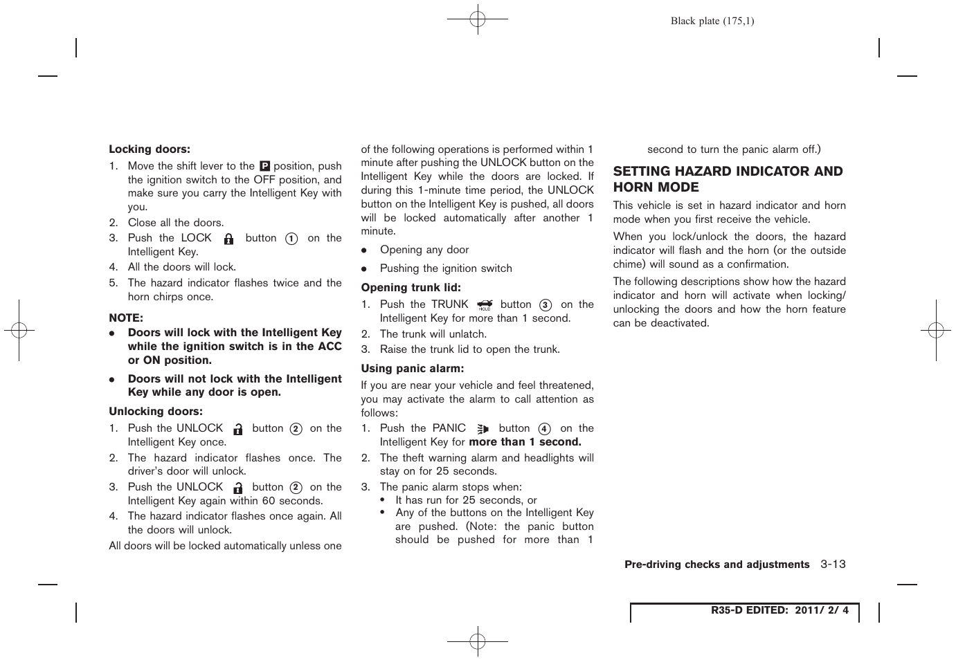 Setting hazard indicator and horn mode -13 | NISSAN 2012 GT R - Owner's Manual User Manual | Page 174 / 346