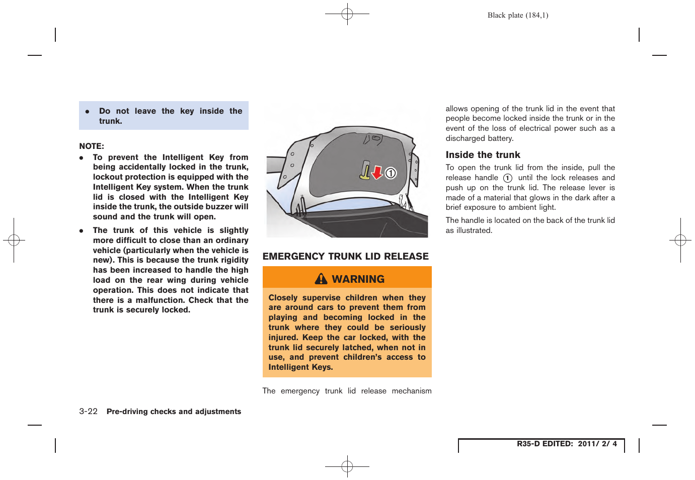 Emergency trunk lid release -22 | NISSAN 2012 GT R - Owner's Manual User Manual | Page 183 / 346