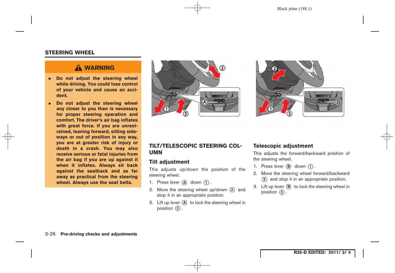 Steering wheel -26, Tilt/telescopic steering column -26 | NISSAN 2012 GT R - Owner's Manual User Manual | Page 187 / 346