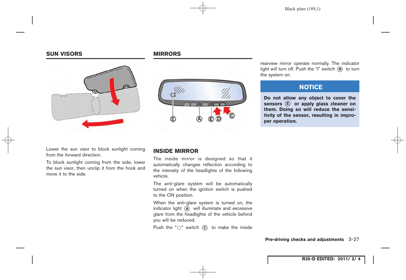 Sun visors -27 mirrors -27, Inside mirror -27 | NISSAN 2012 GT R - Owner's Manual User Manual | Page 188 / 346