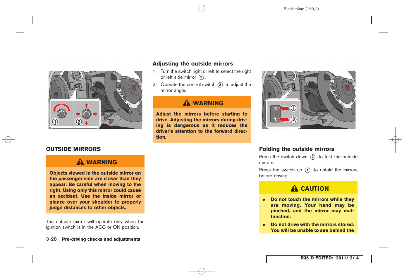 Outside mirrors -28 | NISSAN 2012 GT R - Owner's Manual User Manual | Page 189 / 346